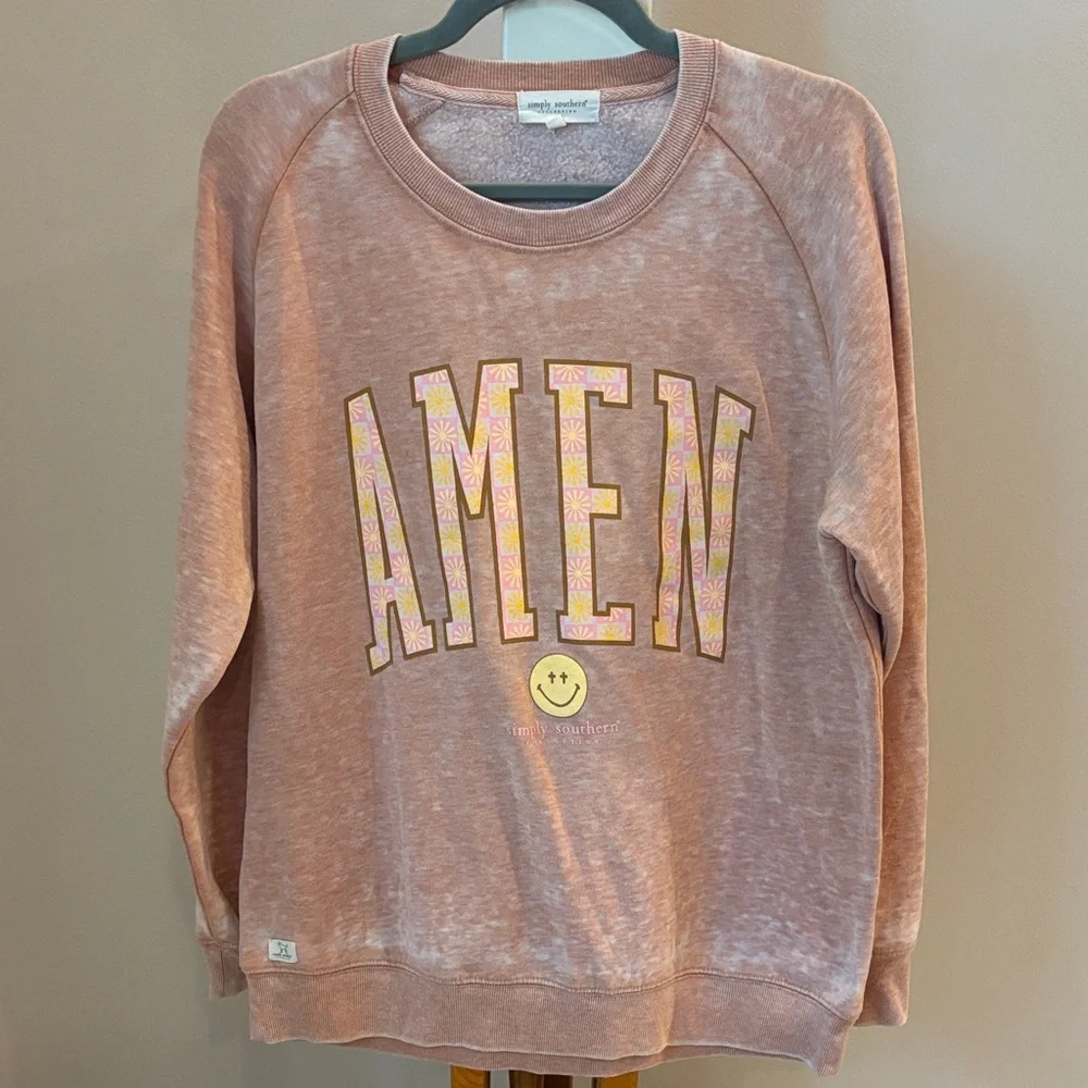 Simply Southern AMEN Crewneck Sweater - Dusty Rose with Yellow Accents - Picture 1 of 4